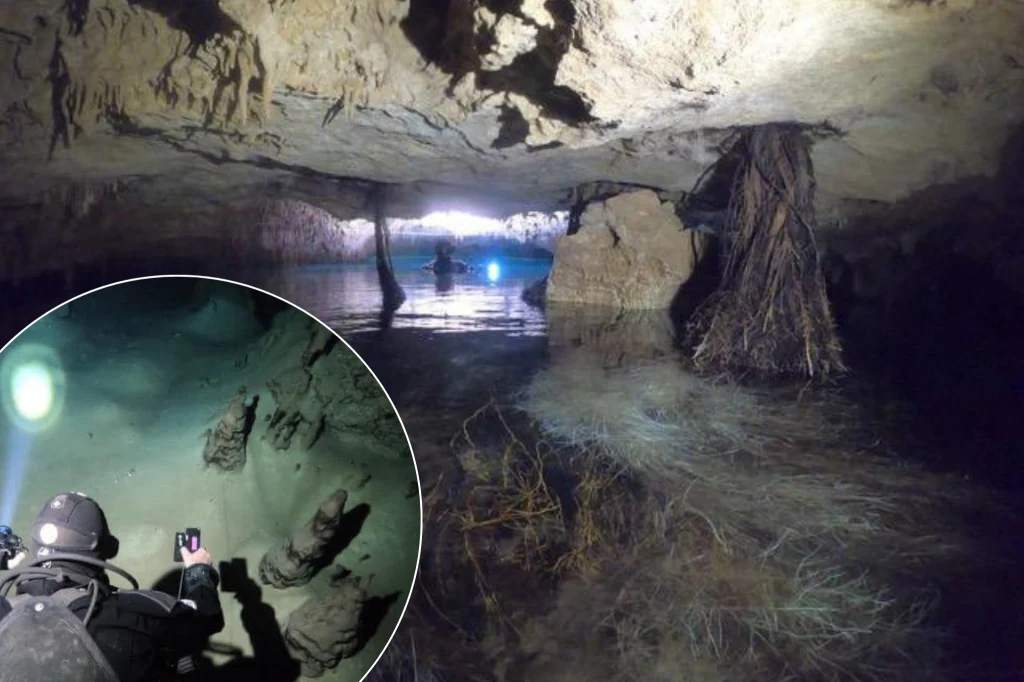 System jest skomplikowany. Korytarze Ox Bel Ha są bardzo zróżnicowane. Podziemna jaskinia częściowo zalana wodą, z widocznymi stalaktytami i rozległymi korzeniami drzew zwisającymi ze stropu, w tle nurkowie oświetlający teren latarkami.