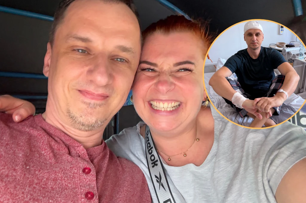 Filip i Anna ślub wzięli w szpitalu Para uśmiechniętych dorosłych obejmuje się pozując do zdjęcia, w prawym górnym rogu znajduje się mniejszy okrągły kadr z mężczyzną siedzącym na łóżku z opatrunkami na głowie i obu nadgarstkach, wyglądającym na pacjenta szpitala.