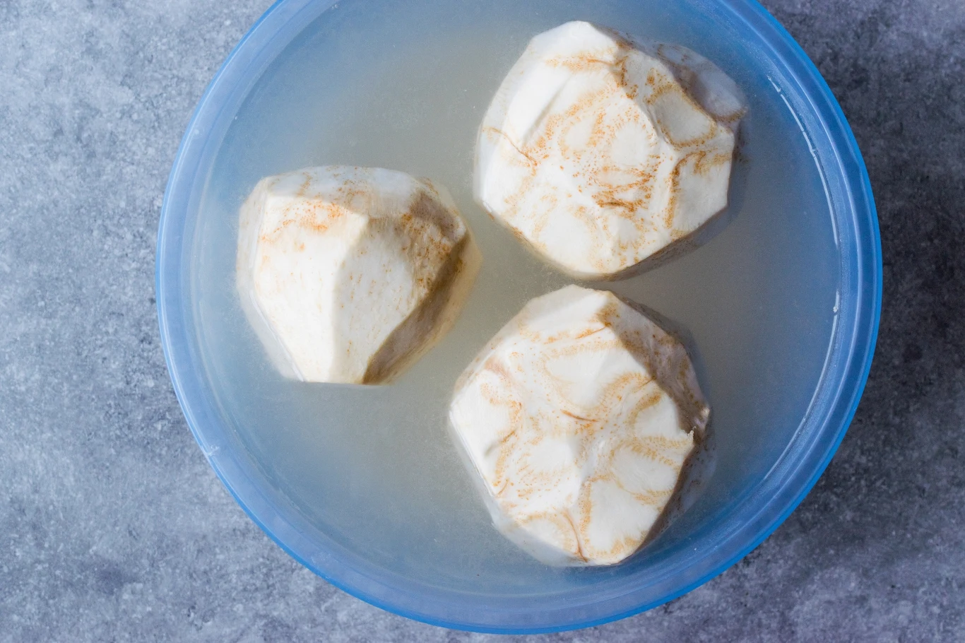 Trzy obrane bulwy selera zanurzone w wodzie w plastikowej misce na szarej powierzchni.