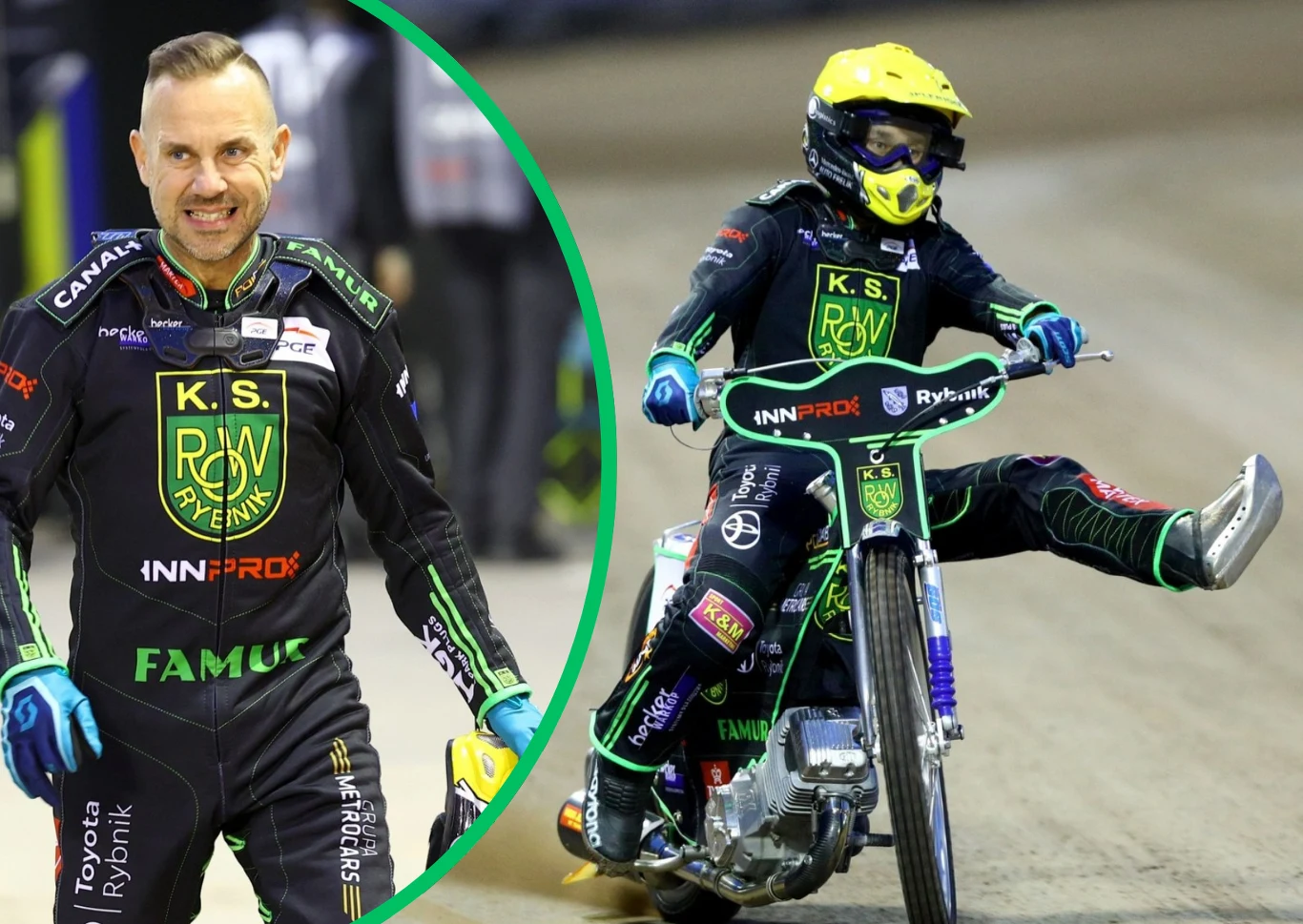 Nicki Pedersen ciągle zwleka z decyzją o kontrakcie w polskiej lidze Żużlowiec w stroju klubowym K.S. ROW Rybnik, po lewej stronie zdjęcia stoi uśmiechnięty zawodnik w pełnym kombinezonie, po prawej dynamicznie jadący motocyklista na jednym kole podczas wyścigu na stadionie.