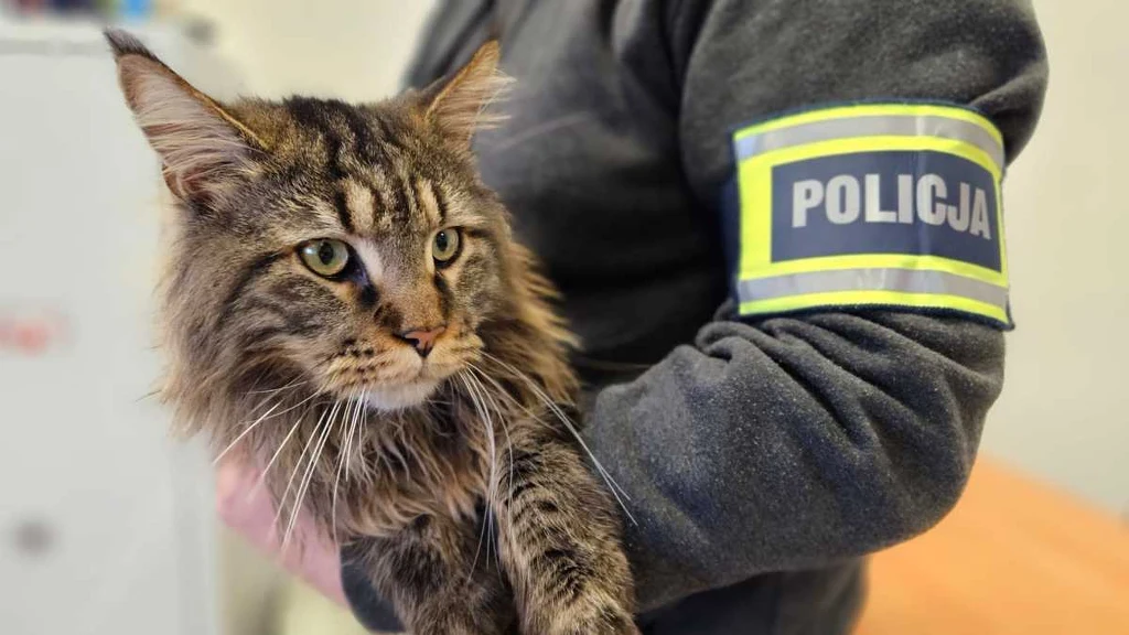 Kot rasy maine coon trzymany przez osobę z opaską POLICJA na ramieniu, tło rozmyte, skupienie na zwierzęciu i opasce policyjnej.