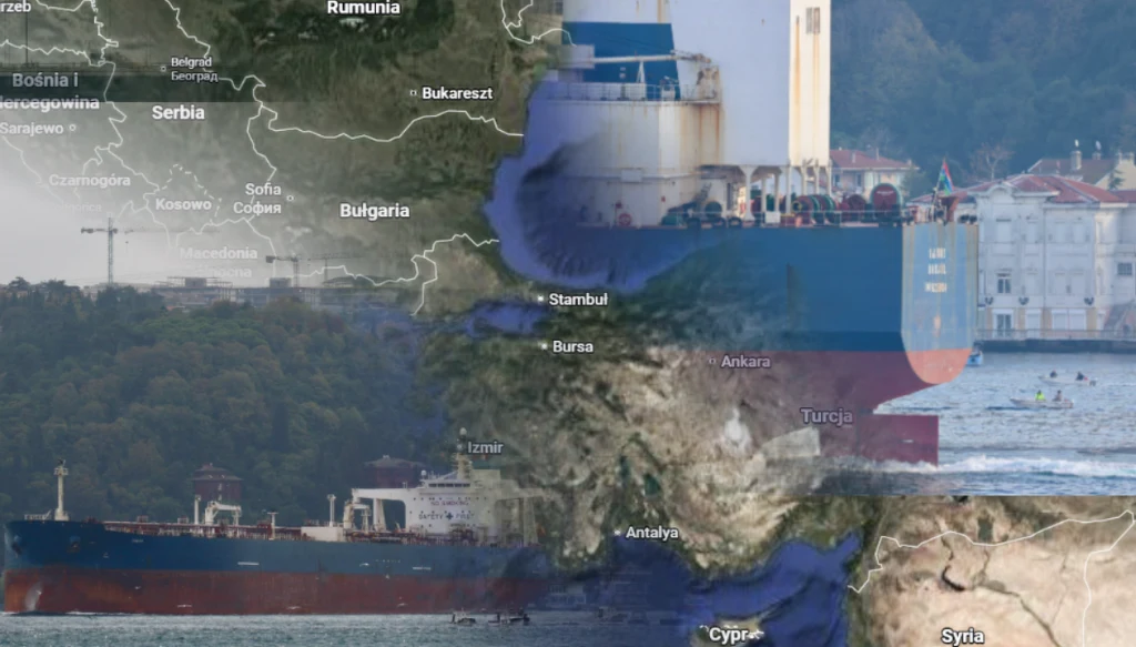 Wybuchy na dwóch rosyjskich tankowcach na Morzu Czarnym Mapa południowo-wschodniej Europy z widocznymi krajami Bałkanów, Turcją oraz fragmentem Bliskiego Wschodu, na której nałożony jest obraz dużego statku handlowego przepływającego przez cieśninę, w tle zabudowania miejskie.