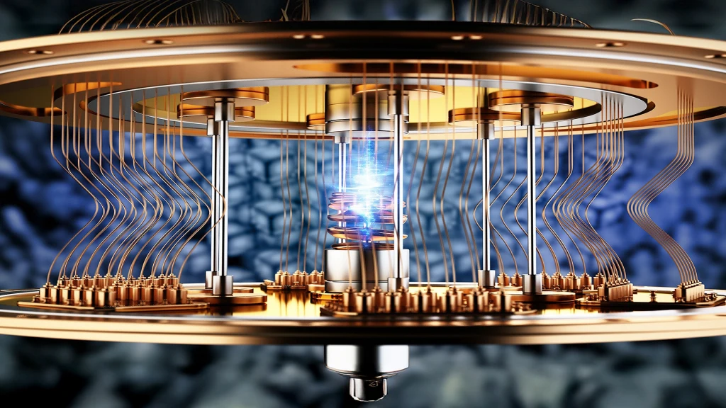 Kwantowy przełom. Symulują nowy, egzotyczny i stabilny stan materii Zaawansowany model komputerowy superkomputera kwantowego z licznymi przewodami, metalowymi komponentami i błękitnym światłem w centrum wskazującym na aktywny proces obliczeniowy.