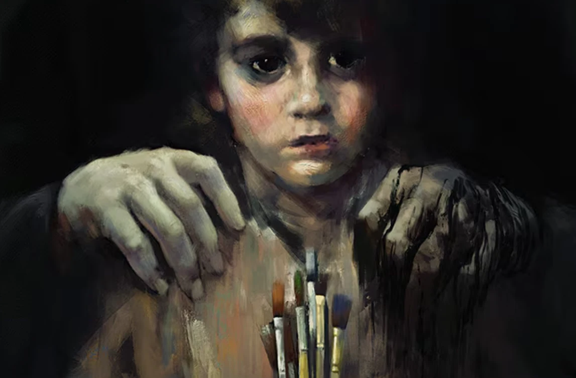 Młody chłopiec o dużych, ciemnych oczach trzyma przed sobą pędzle malarskie, a na jego ramionach spoczywają dwie niejednolite, kontrastujące dłonie, z których jedna wydaje się nienaturalnie ciemna i przypomina cień.