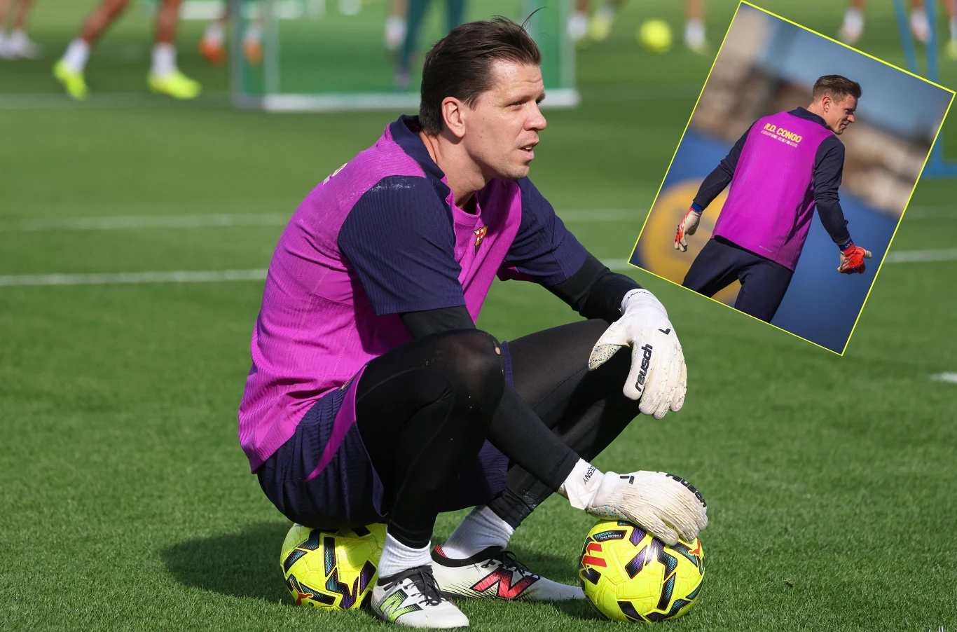 Marc-Andre ter Stegen powrócił do treningu z resztą graczy FC Barcelona. To istotne wieści m.in. dla Wojciecha Szczęsnego Piłkarz ubrany w fioletowy znacznik siedzi na murawie boiska treningowego, opierając się na dwóch piłkach nożnych. W tle widoczni są inni zawodnicy oraz bramki treningowe. W prawym górnym rogu znajduje się wstawka prezentująca tego samego piłkarza z ty...