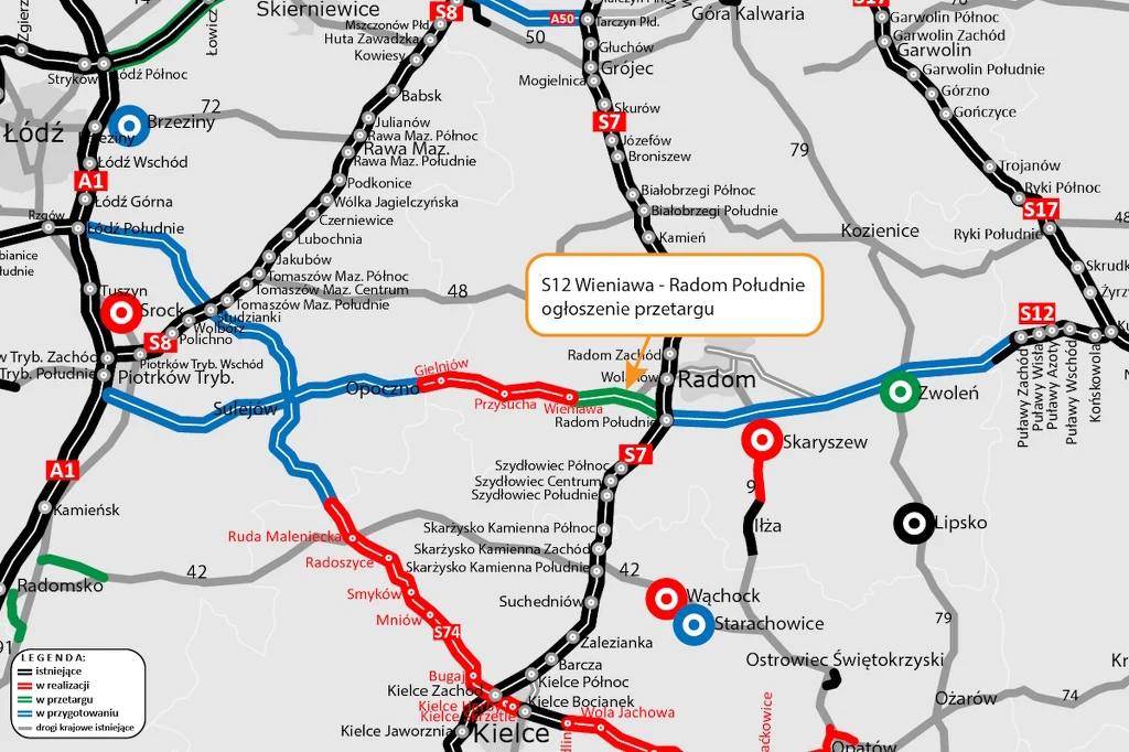 Fragment mapy drogowej środkowej Polski, ilustrujący sieć dróg oraz połączenia w okolicach miast Łódź, Radom, Kielce i Skarżysko-Kamienna, z zaznaczonymi różnymi rodzajami tras i aktualnie prowadzonym przetargiem na odcinek S12 Wieniawa – Radom Południe.