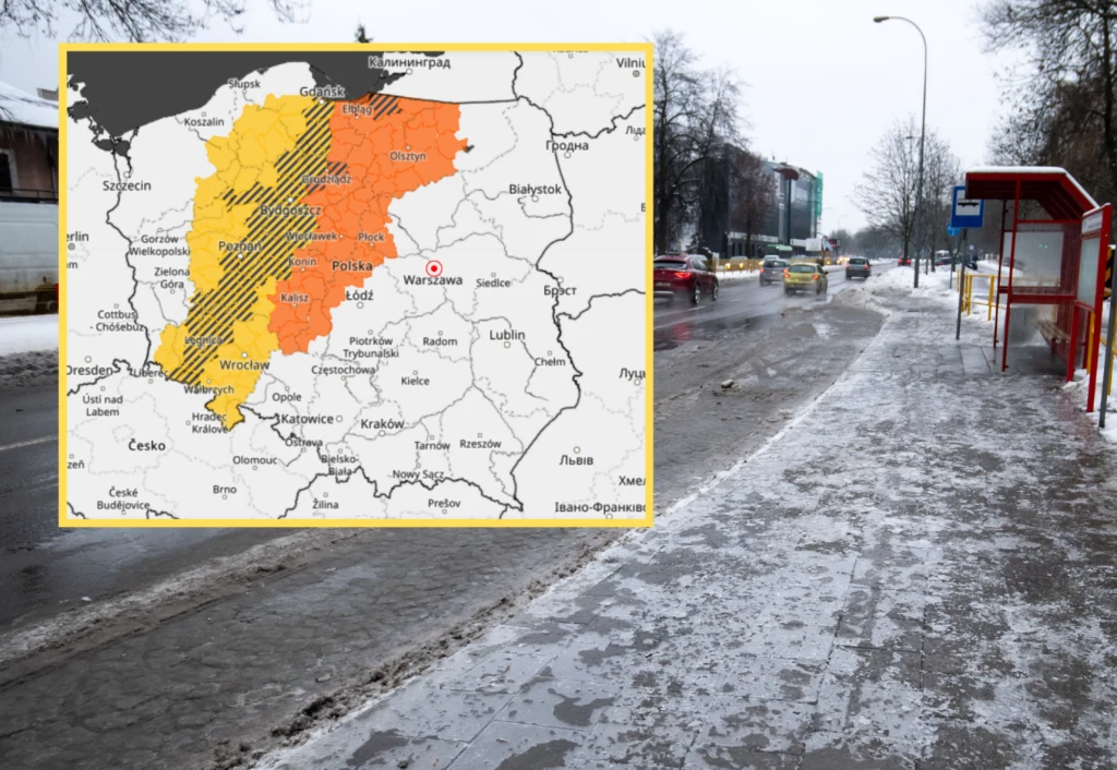 Gołoledź w kilku regionach Polski. IMGW ostrzega Oblodzony chodnik i ulica w zimowych warunkach, na pierwszym planie przystanek autobusowy, w tle kilka samochodów. W rogu zdjęcia widoczna mapa Polski z zaznaczonymi regionami objętymi ostrzeżeniami pogodowymi.