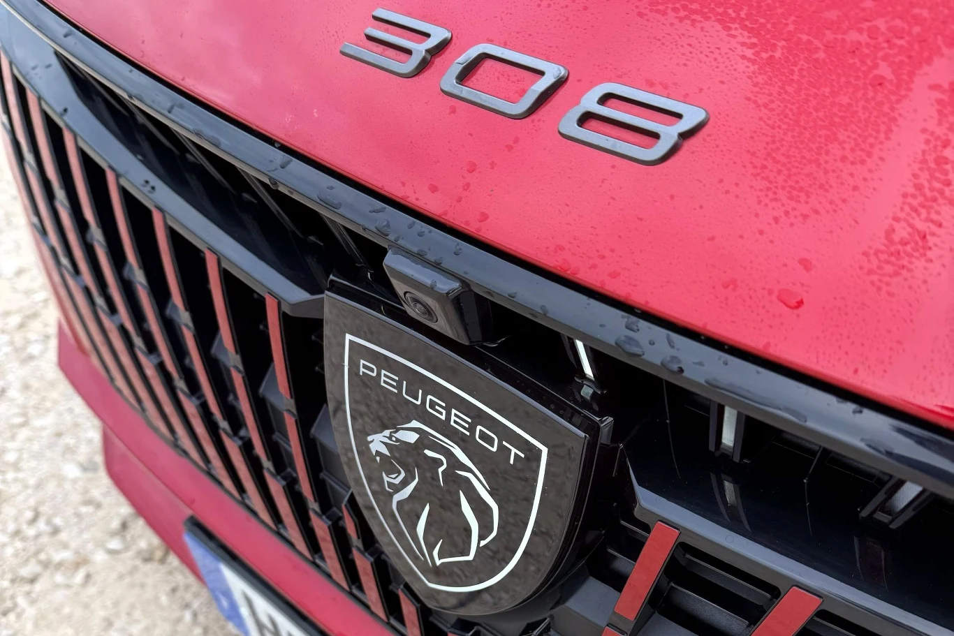 Maska samochodu w kolorze czerwonym, na której widnieje emblemat marki Peugeot z charakterystycznym logo lwa oraz oznaczenie modelu 308, na powierzchni widoczne krople wody.