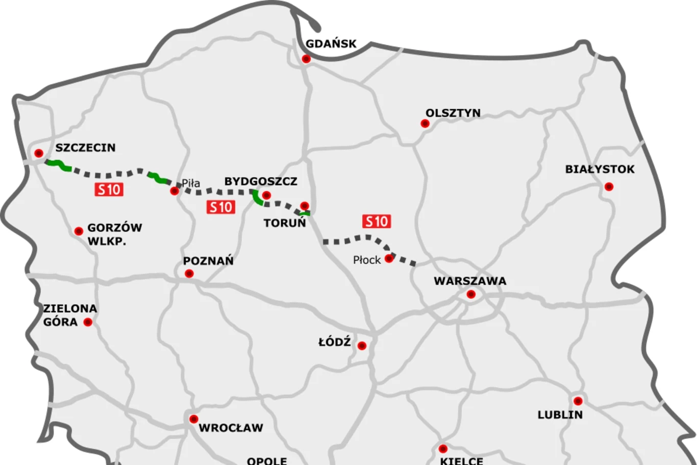 Mapa Polski z zaznaczonym przebiegiem planowanej drogi ekspresowej S10 oraz najważniejszymi miastami położonymi wzdłuż trasy, takimi jak Szczecin, Piła, Bydgoszcz, Toruń, Płock i Warszawa.