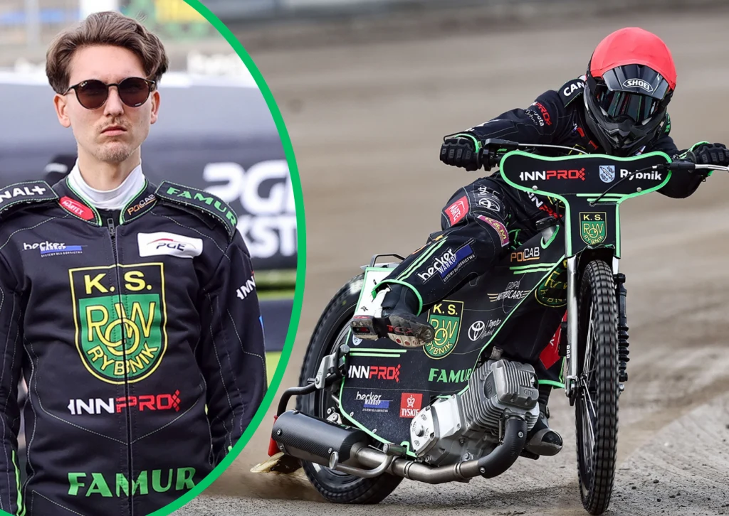 Żużlowiec ubrany w specjalny kombinezon z logotypem K.S. ROW Rybnik stoi na tle toru oraz podczas dynamicznej jazdy na motocyklu żużlowym na torze, w pełnym kasku ochronnym i stroju klubowym.