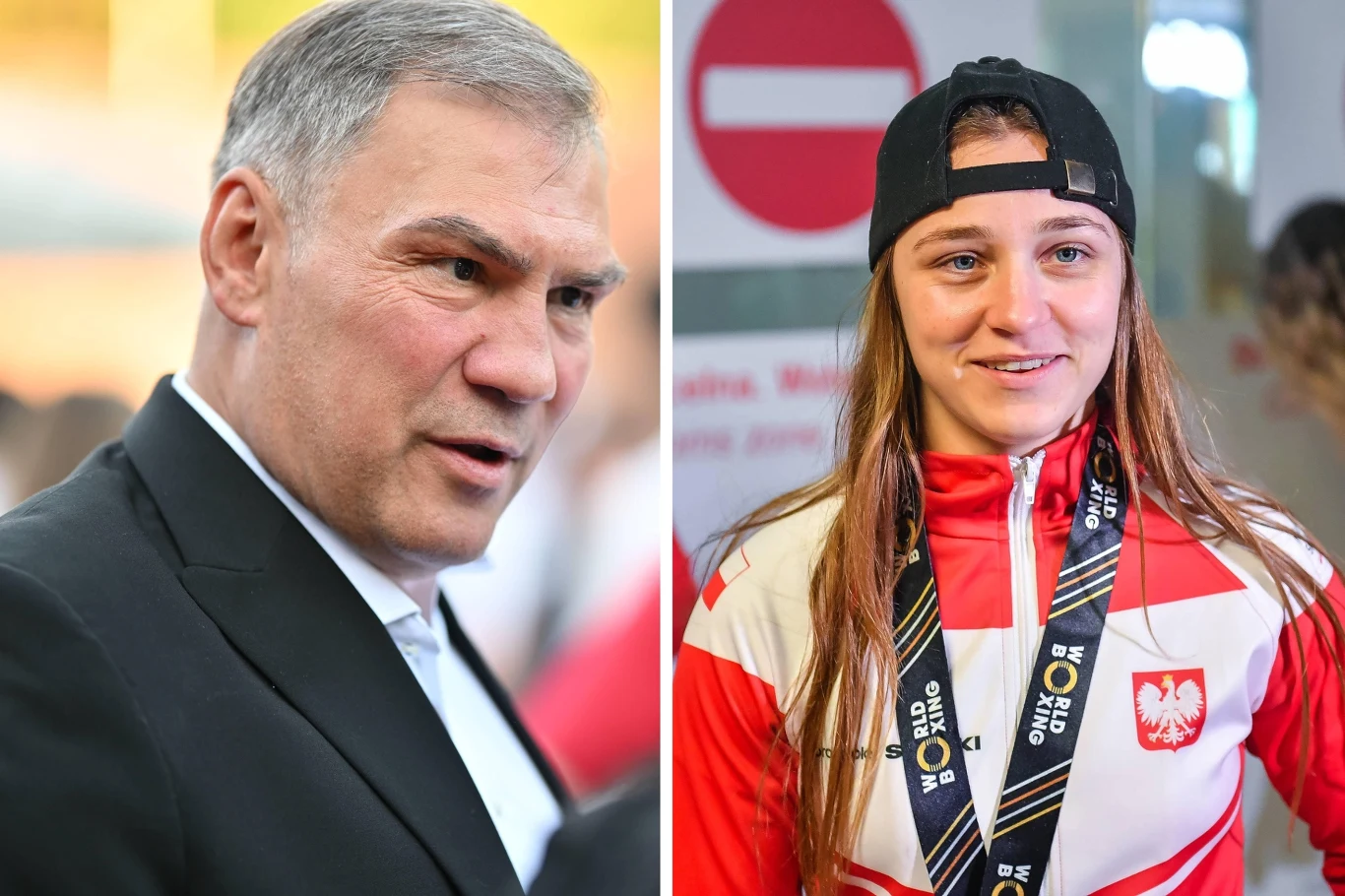 Dariusz Michalczewski, Julia Szeremeta Po lewej stronie dojrzały mężczyzna w garniturze, po prawej młoda kobieta w sportowej kurtce z orzełkiem Polski i medalem na szyi, na tle znaku zakazu wstępu.