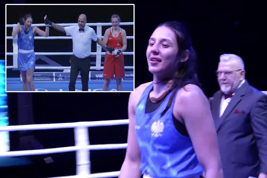 Barbara Marcinkowska rozbiła w finale mistrzostw Europy U-23 Emely Dittrich Bokserka w niebieskim stroju wychodzi z ringu z uśmiechem na twarzy, w tle sędzia oraz mężczyzna w garniturze. W lewym górnym rogu widoczne jest wstawione zdjęcie z momentem ogłoszenia werdyktu, gdzie sędzia trzyma ręce zawodniczek, wskazując zwyciężcz...