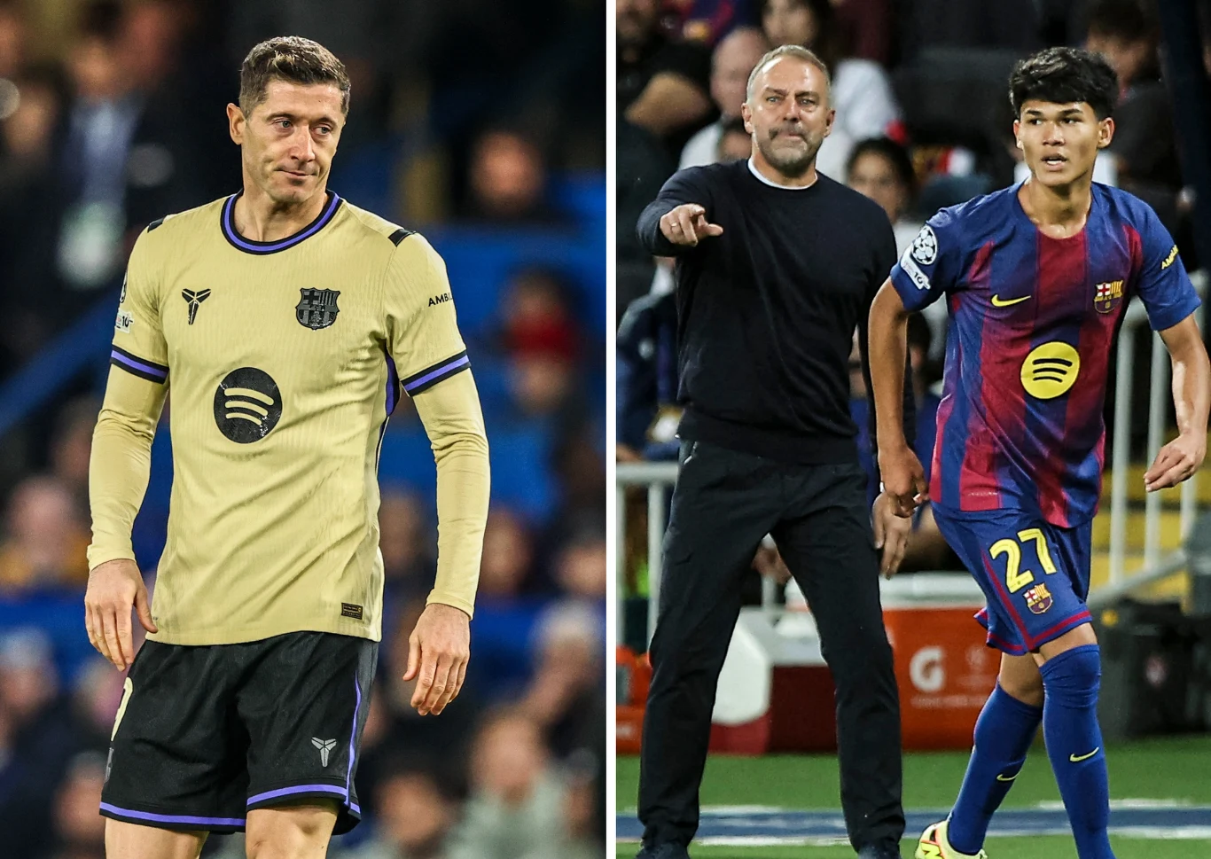 Hansi Flick chce, by nowa gwiazda grała razem z Robertem Lewandowskim Dwóch piłkarzy FC Barcelona podczas rozgrywki na boisku, po lewej zawodnik w kremowej koszulce, po prawej młody piłkarz w tradycyjnym granatowo-bordowym stroju oraz trener wskazujący polecenie.