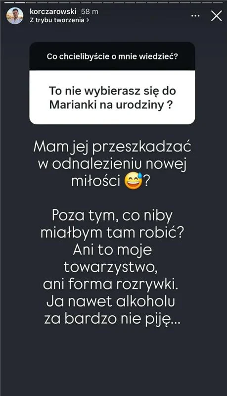 Czarna plansza z pytaniem o udział w urodzinach oraz odpowiedzią wyrażającą dystans wobec udziału w imprezie, uzasadnioną brakiem zainteresowania oraz żartobliwym wspomnieniem o poszukiwaniu nowej miłości przez jubilatkę i brakiem nawyku picia alkoholu.