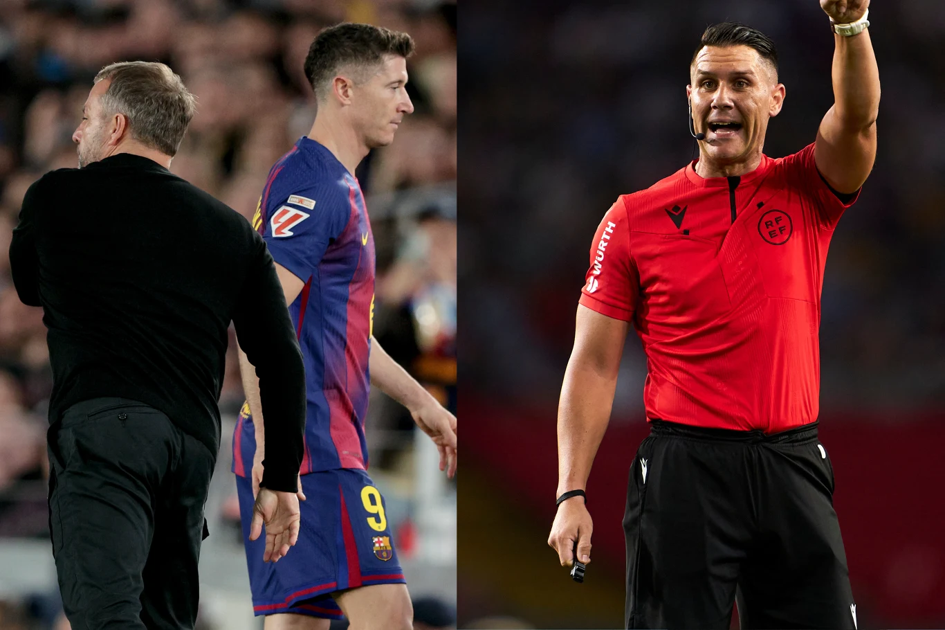 Hansi Flick, Robert Lewandowski i Miguel Angel Ortiz Arias Piłkarz w niebiesko-czerwonym stroju opuszcza boisko, obok niego znajduje się trener, a z prawej strony sędzia w czerwonej koszulce podnosi rękę podczas meczu.