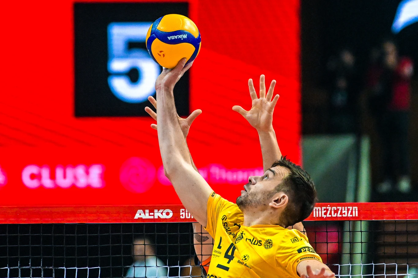 Siatkarz w żółtej koszulce wykonuje atak na piłkę tuż nad siatką, w tle widać fragment tablicy z numerem oraz dłonie przeciwnika próbującego zablokować akcję.