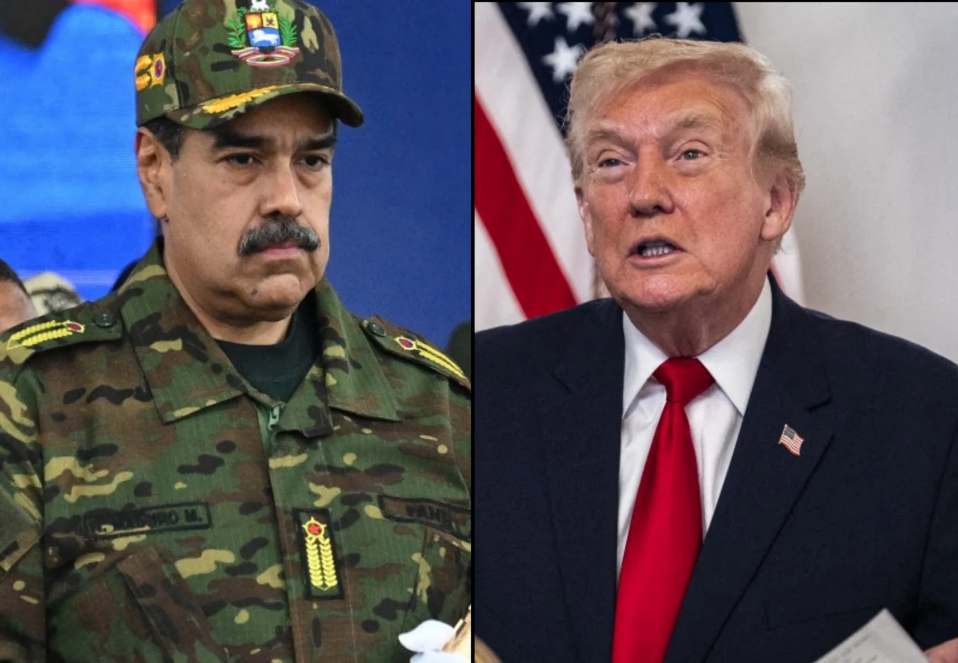 Aresztowany prezydent Wenezueli Nicolas Maduro w chwili pojmania przez wojsko USA nie miał na sobie munduru Dwóch mężczyzn w kadrze podzielonej na pół, jeden w mundurze wojskowym z odznaczeniami, drugi w garniturze z krawatem na tle flagi Stanów Zjednoczonych.