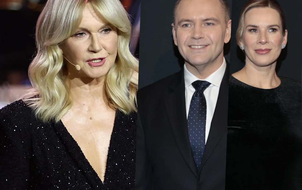 Trzy elegancko ubrane osoby, kobieta o blond włosach w czarnej, błyszczącej sukni z mikrofonem przy twarzy, po prawej mężczyzna w garniturze i kobieta w czarnej kreacji na ciemnym tle. Wszyscy patrzą w obiektyw, mają neutralne lub lekko uśmiechnięte wy...