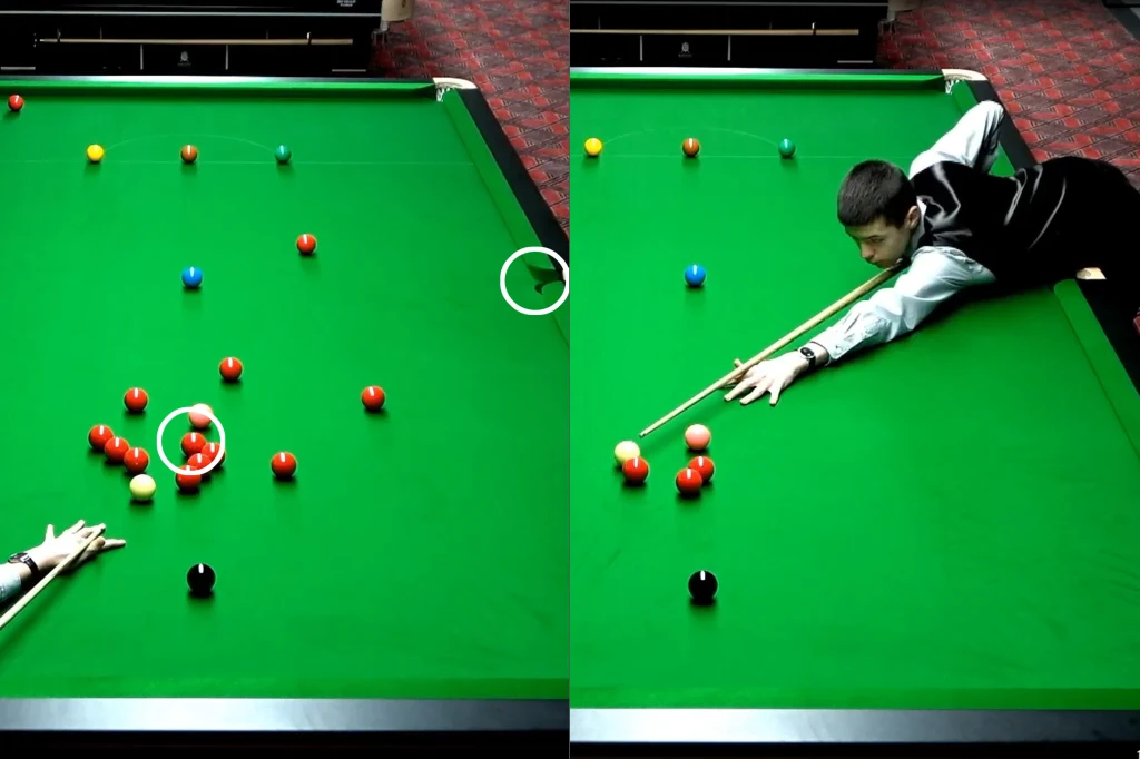 Mężczyzna grający w snookera podczas zagrania na profesjonalnym stole bilardowym, różnokolorowe bile rozmieszczone na zielonym suknie, skupienie zawodnika podczas uderzenia.