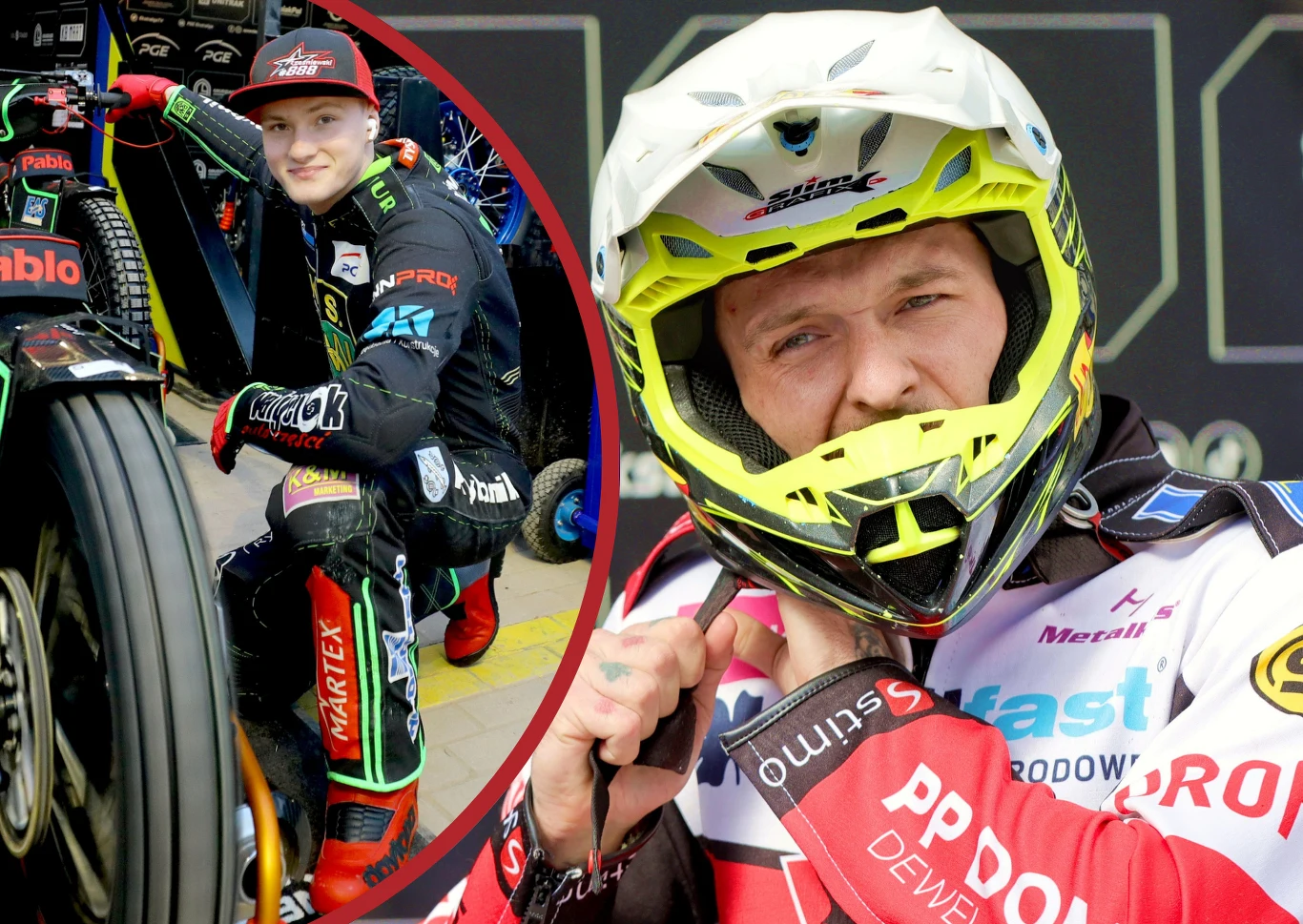 Zawodnik żużlowy w pełnym stroju ochronnym z motocyklem, na pierwszym planie zbliżenie twarzy w kasku oraz drugi wizerunek tej samej osoby obok jego motocykla. W tle fragmenty dekoracji sportowej.