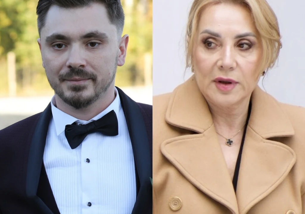 Daniel Martyniuk, Danuta Martyniuk Mężczyzna w smokingu z muchą oraz kobieta w jasnym płaszczu patrząca w bok, oboje znajdują się w dwóch oddzielnych kadrach ustawionych obok siebie.