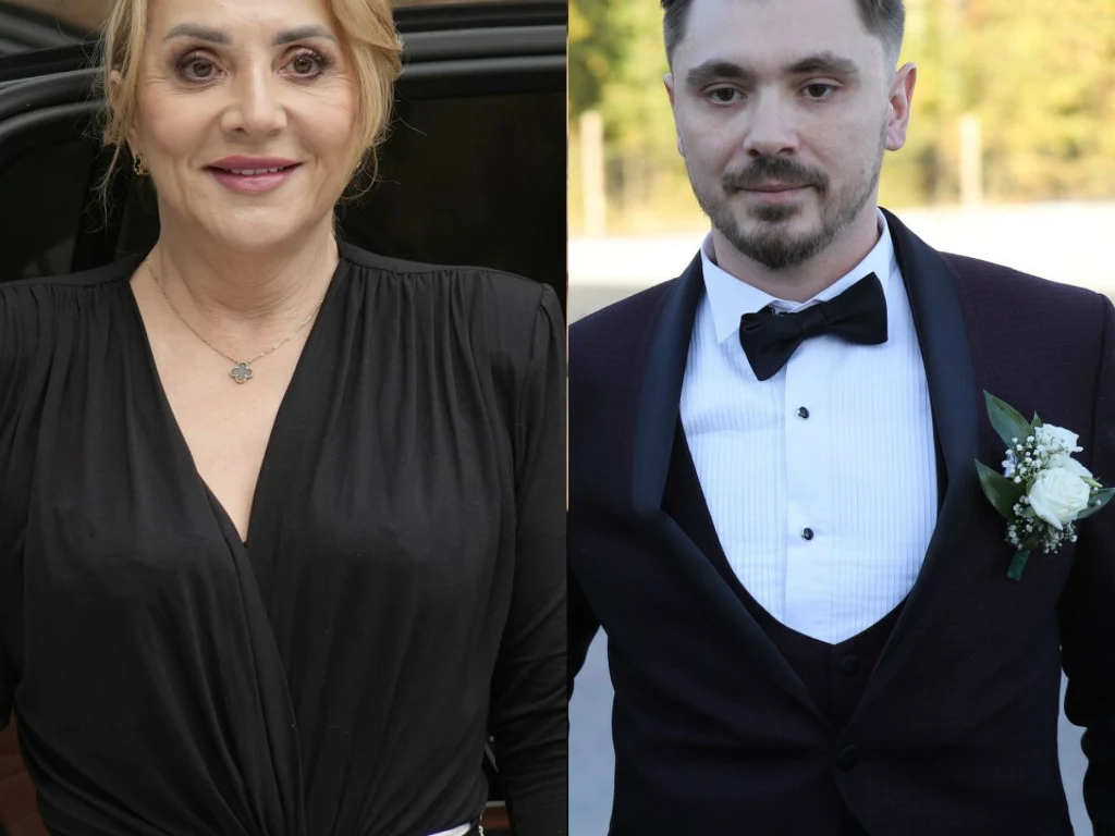 Danuta Martyniuk, Daniel Martyniuk Kobieta w czarnej sukience z delikatnym makijażem i spiętymi włosami znajduje się po lewej stronie, po prawej mężczyzna w smokingu, białej koszuli i czarnej muszce z przypiętym kwiatem, oboje pozują osobno na tle neutralnego otoczenia.