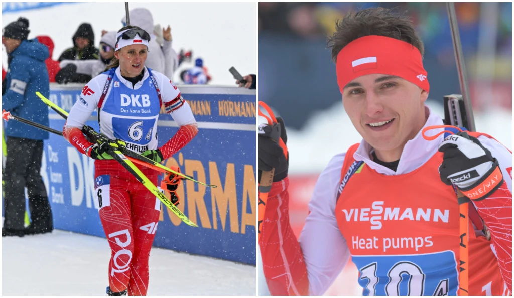 Joanna Jakieła i Wojciech Skorusa Dwóch sportowców w strojach biathlonowych podczas zawodów zimowych, trzymających narty i kije. Obaj mają czerwono-białe stroje, emblematy sponsorów i numerki startowe na piersiach. Na twarzy jednego z nich widoczny uśmiech.