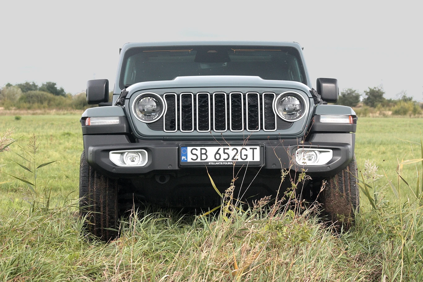 Szerokość Wranglera z lusterkami i bez jest dokładnie taka sama Czarny samochód terenowy stoi na środku zielonego pola przodem do obiektywu, z wyraźnie widoczną rejestracją, otoczony wysoką trawą i roślinnością.