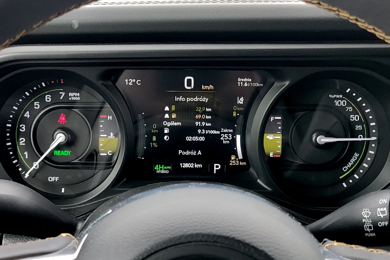 Zużycie paliwa w dużej mierze zależy od sposobu jazdy Cyfrowy wyświetlacz deski rozdzielczej samochodu hybrydowego z informacjami o prędkości, przebiegu, stanie naładowania baterii i różnych parametrach podróży, otoczony wskaźnikami obrotów silnika oraz ładowania.