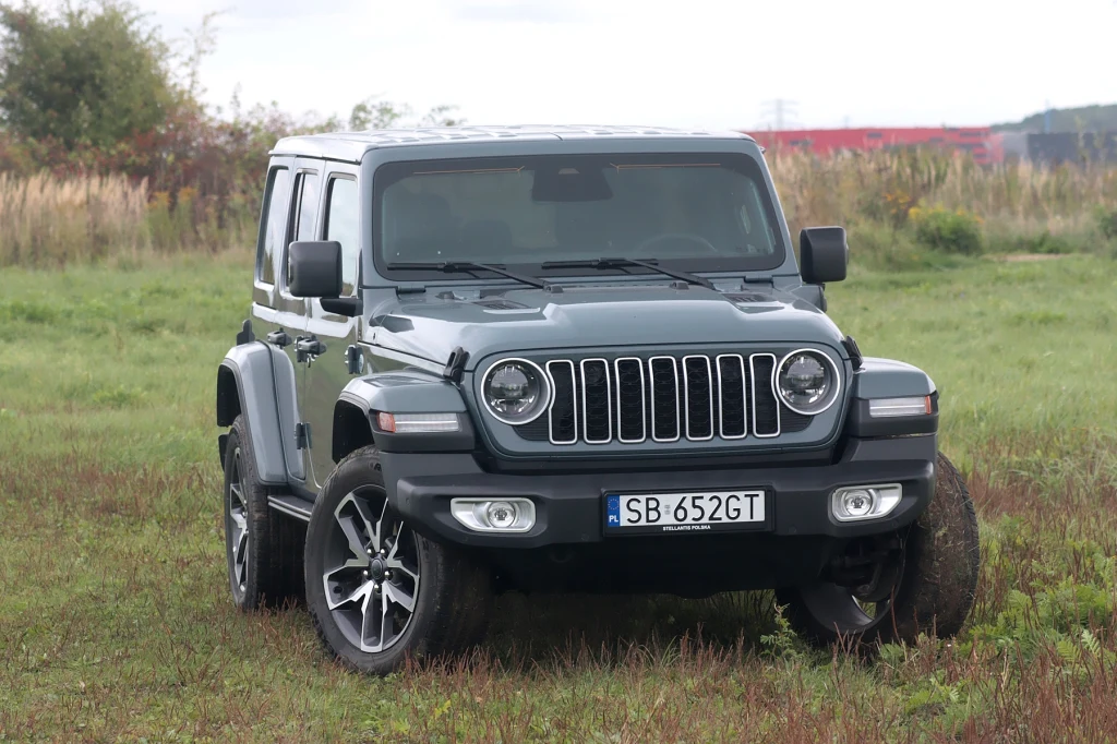 Jeep Wrangler Sahara Czarny samochód terenowy Jeep Wrangler z widoczną tablicą rejestracyjną stoi na zielonej łące, otoczony delikatną roślinnością oraz polami w tle.