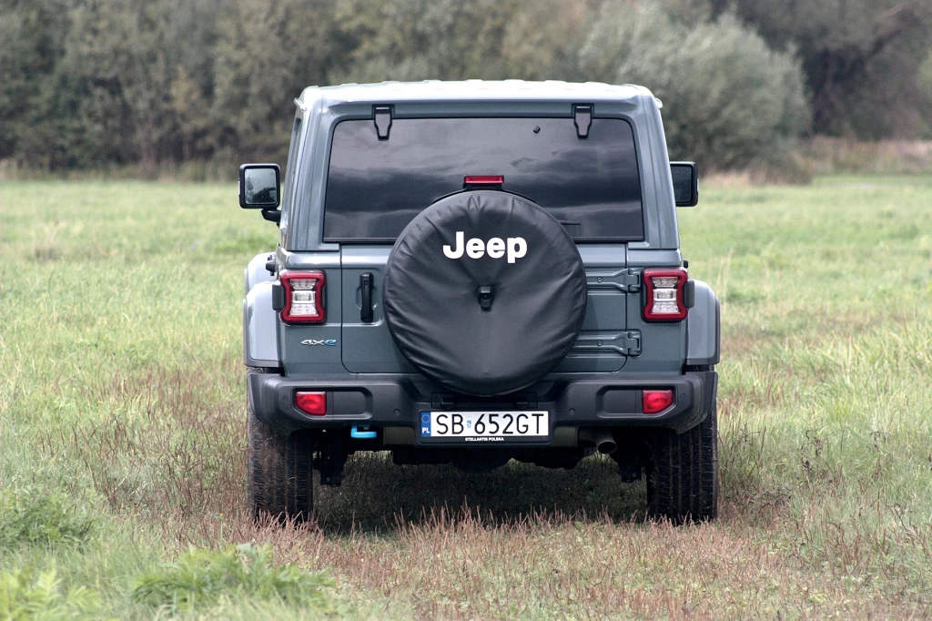 Jeep Wrangler Sahara Szary samochód terenowy marki Jeep widoczny z tyłu, zaparkowany na zielonej łące, z widoczną osłoną koła zapasowego i numerem rejestracyjnym. W tle drzewa i naturalne otoczenie.