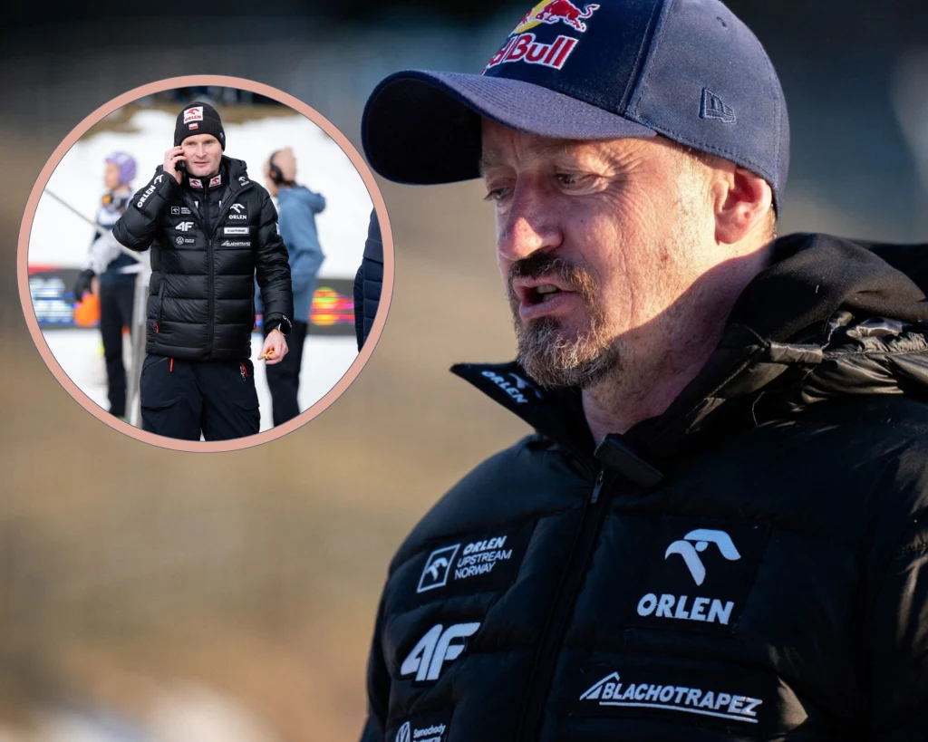 Mężczyzna w kurtce sportowej z logo sponsorów, w tle niewyraźne krajobrazy, w lewym górnym rogu wstawka z inną osobą również w kurtce sportowej, obaj mają poważny wyraz twarzy.