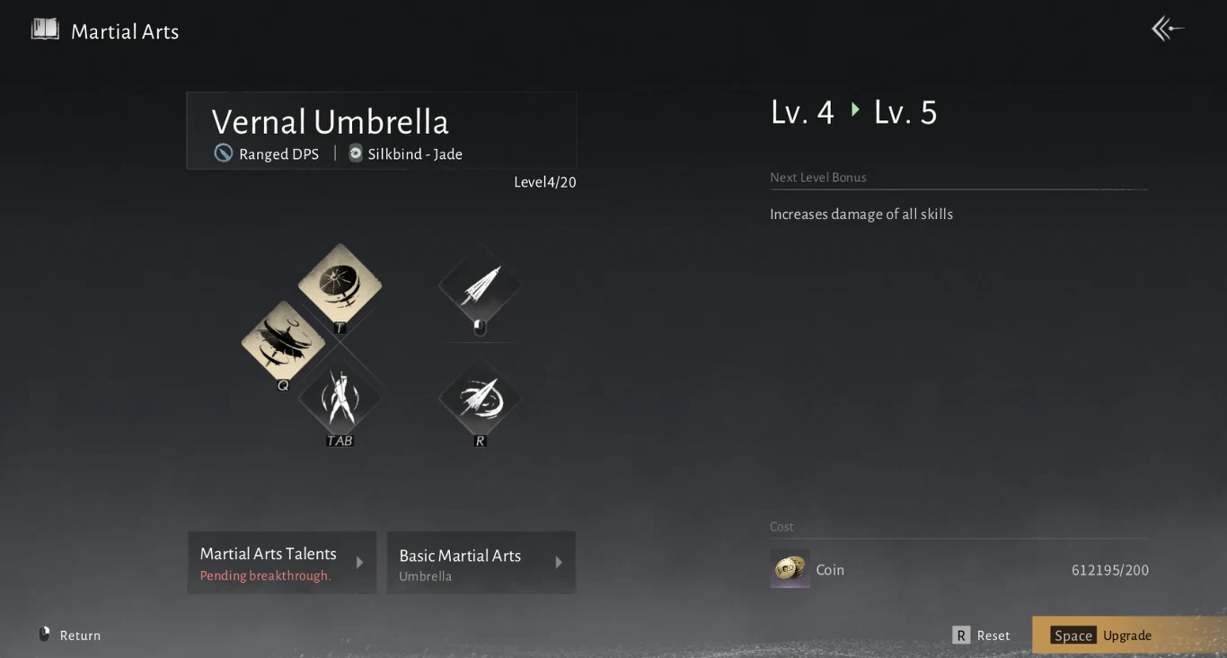 Panel gry komputerowej z sekcją umiejętności martial arts, pokazujący rozwijanie postaci Vernal Umbrella, jej poziom, umiejętności oraz wymagane monety do kolejnej aktualizacji