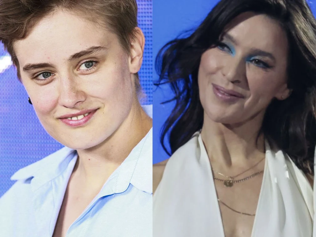 Katarzyna Zillmann, Janja Lesar Dwie osoby na podzielonym kadrze, jedna o krótkich, jasnych włosach i błękitnej koszuli, druga z długimi, ciemnymi włosami, w białej sukni, z intensywnym niebieskim makijażem na powiekach, obie patrzą z lekkim uśmiechem.