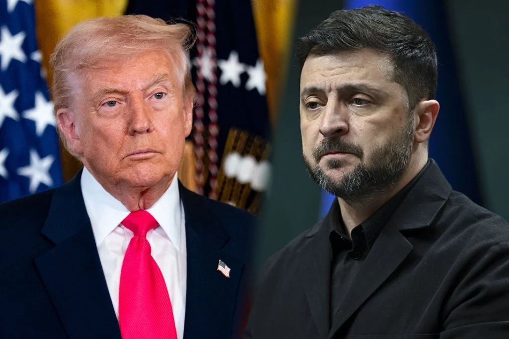 USA. Donald Trump stwierdził, że sytuacja z korupcją w Ukrainie "nie pomaga" w rozmowach na temat zakończenia wojny z Rosją Dwóch mężczyzn w średnim wieku stoi obok siebie na tle flag narodowych, jeden ubrany w garnitur, drugi w ciemnej marynarce, obaj mają poważne wyrazy twarzy.