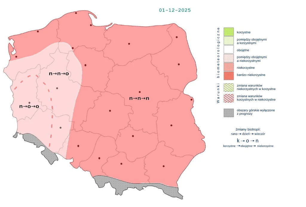Przez praktycznie cały dzień pogoda będzie niekorzystnie wpływać na nasz organizm - prognozuje IMGW Kolorowa mapa Polski z wyraźnym zaznaczeniem regionów o niekorzystnych i korzystnych warunkach biometeorologicznych na tle granic administracyjnych, datowana na 1 grudnia 2025, z opisami legendy charakteryzującymi wpływ warunków pogodowych na samopoczu...