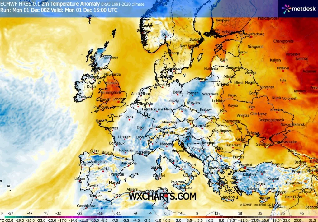 W poniedziałek temperatury za dnia będą dodatnie, jednak nie wyższe niż 6 stopni Kolorowa mapa Europy ilustrująca anomalię temperatury, z zaznaczeniem różnic cieplnych na tle średnich z lat 1995-2020. Wyraźnie widoczne są chłodniejsze obszary w centralnej i południowej części kontynentu oraz cieplejsze wschodnie rejony, na mapie na...
