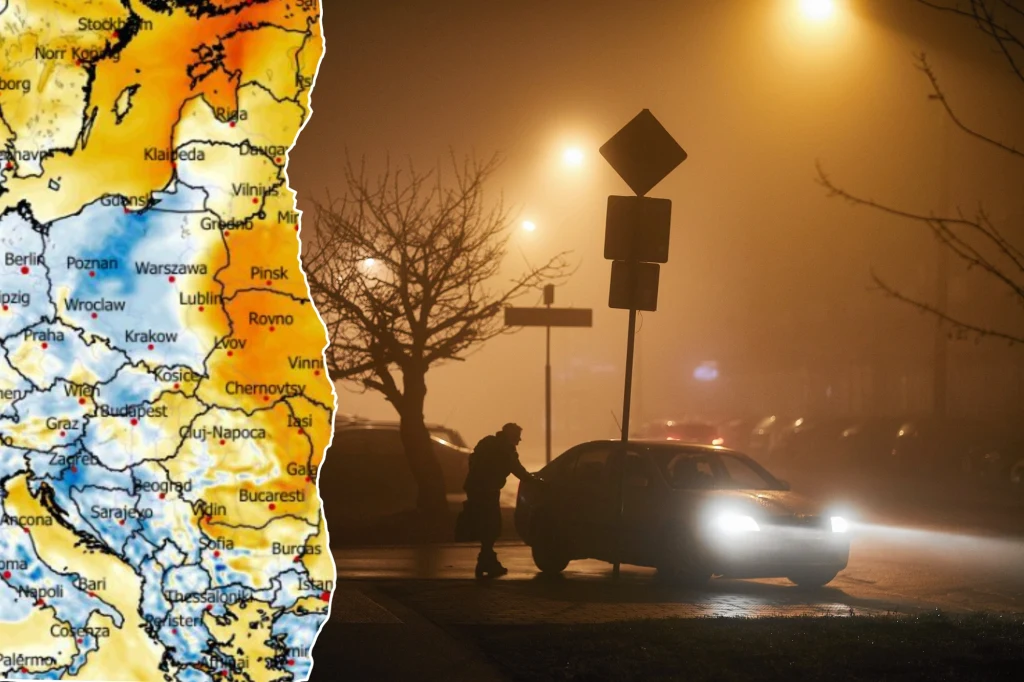 W poniedziałek i wieczorem w wielu miejscach utrzymają się gęste mgły. Lokalnie mogą ograniczać widzialność do 100 metrów Mapa Europy Środkowej z wyraźnie zaznaczonymi temperaturami lub strefami pogodowymi połączona z wieczorną sceną uliczną, gdzie przy zaparkowanym samochodzie osobowym w świetle latarni stoi postać, a całość otacza mgła.