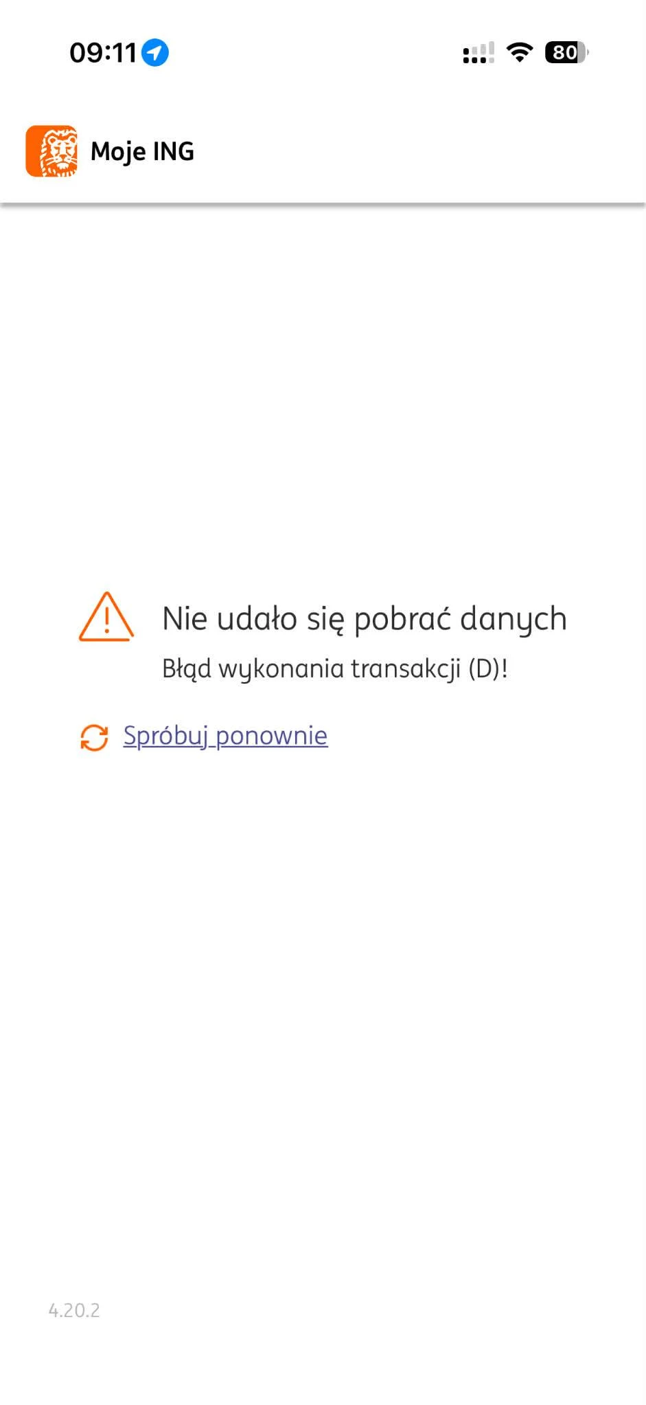Komunikat w aplikacji bankowej ING o nieudanym pobraniu danych wraz z informacją o błędzie wykonania transakcji oraz odnośnikiem do ponowienia próby.