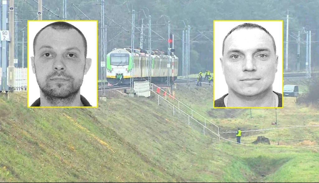 Podejrzani o dokonanie aktów dywersji na polskiej kolei Pociąg stojący na torach kolejowych, wokół znajduje się kilku funkcjonariuszy pracujących przy nasypie. W dwóch żółtych ramkach widoczne czarno-białe zdjęcia dwóch mężczyzn.