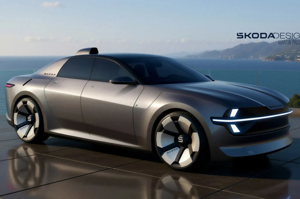 Nowoczesny, koncepcyjny samochód osobowy marki Škoda o aerodynamicznych liniach. Pojazd stoi na tarasie z widokiem na morze i wybrzeże górzyste, a jego futurystyczny wygląd podkreślają duże felgi, LED-owe światła oraz logo na kołach.