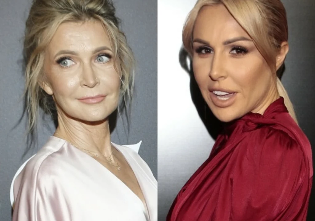 Małgorzata Lipińska, Blanka Lipińska Dwie kobiety w eleganckich strojach stojące bokiem do obiektywu, każda na osobnym tle, jedna w jasnej, druga w ciemnoczerwonej kreacji, z upiętymi włosami i wyrazistym makijażem.