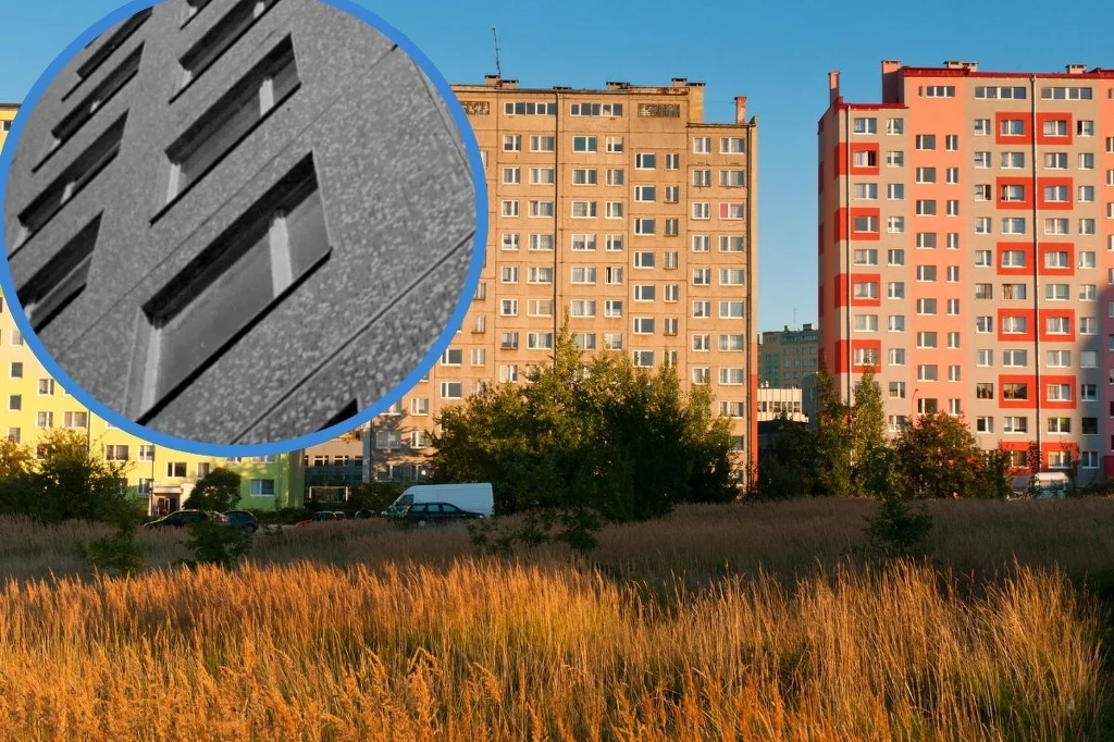 Dziś pastelowa farba. Kiedyś - vitromozaika / Fot. PKF screen Bloki mieszkalne w tle z elewacjami w odcieniach beżu, różu i szarości, przed nimi łąka z wysoką trawą, nad którą świeci zachodzące słońce. W lewym górnym rogu powiększenie fragmentu okien i elewacji budynku.