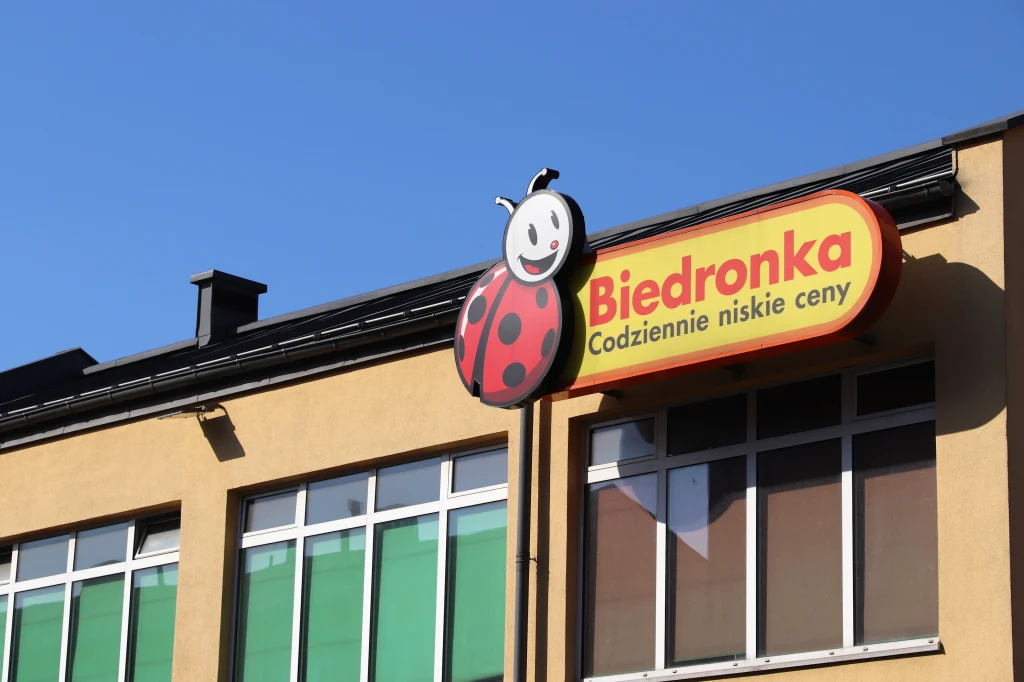 Szyld sklepu Biedronka z charakterystycznym logo biedronki i napisem 'Codziennie niskie ceny' na tle budynku z oknami.