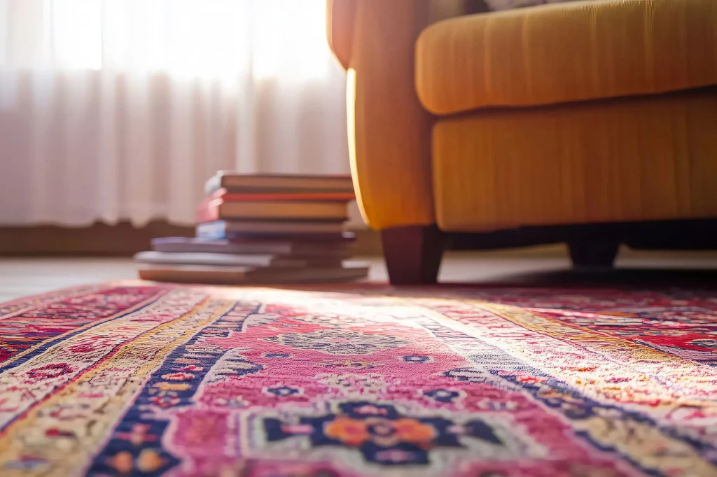 Barwny, wzorzysty dywan w jasnym pokoju, obok żółty fotel oraz stos książek na podłodze, w tle jasne, wpadające światło przez zasłony.