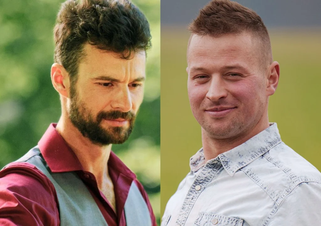 Dwóch mężczyzn w średnim wieku, jeden z brodą i ciemnymi włosami ubrany w bordową koszulę i szarą kamizelkę, drugi o jasnej cerze i krótkich włosach ubrany w jasną koszulę dżinsową, stojący na naturalnym tle na świeżym powietrzu.