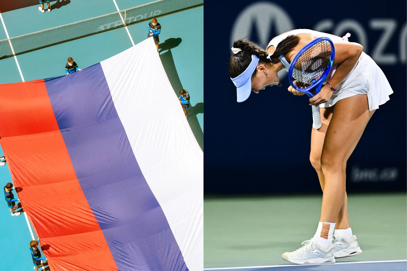 Kamilla Rachimowa już nie będzie reprezentowała Rosji, a Uzbekistan Po lewej duża flaga w barwach biało-niebiesko-czerwonych niesiona przez kilka osób przy linii kortu tenisowego, po prawej tenisistka ubrana na biało pochylona do przodu na korcie, trzymająca rakietę i dotykająca brzucha.