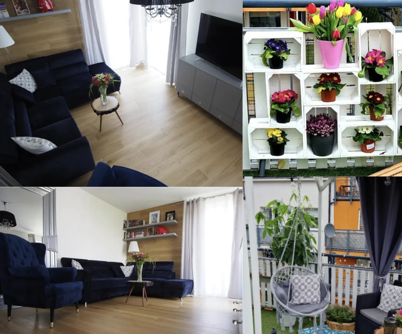 Nowoczesny salon z ciemnogranatowymi sofami, jasnym drewnianym parkietem, niskim stolikiem i minimalistyczną zabudową RTV, obok dekoracyjna półka z kwiatami doniczkowymi na białych skrzynkach oraz przytulny balkon z fotelem i roślinami.