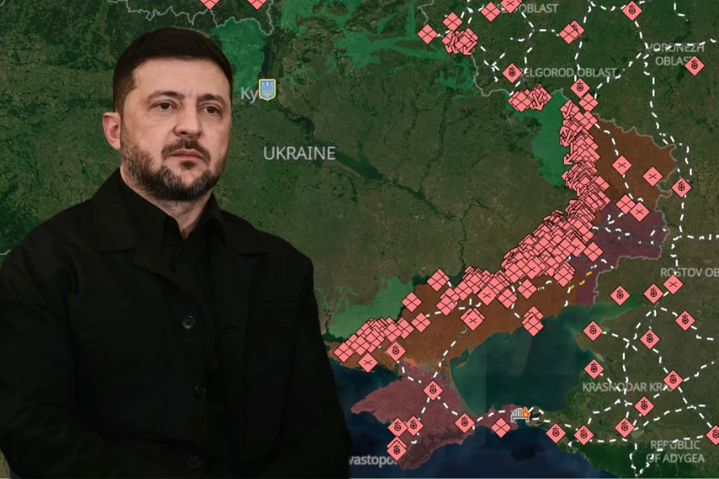 Wojna w Ukrainie. Wołodymyr Zełenski: Rosyjskie postępy na froncie są przesadzone Prezydent Ukrainy na tle mapy z oznaczeniem obszarów objętych działaniami wojennymi. Mapa zawiera wiele oznaczeń i granic regionów na wschodzie i południu kraju, co podkreśla sytuację konfliktową.