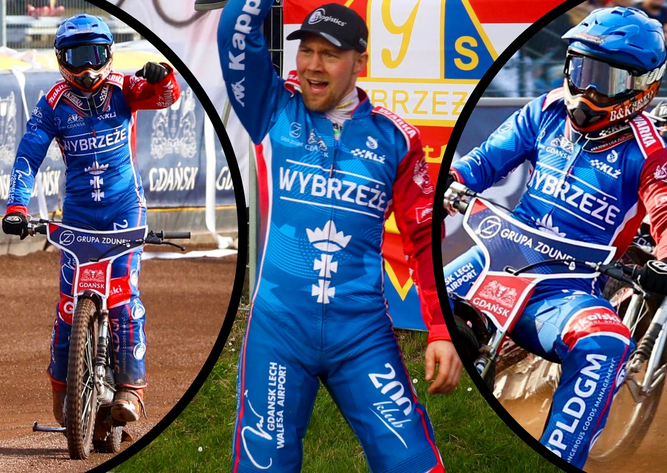 Tim Soerensen będzie w 2026 najdroższym zawodnikiem Krajowej Ligi Żużlowej. Trzy ujęcia żużlowców w niebiesko-czerwonych kombinezonach z logo „Wybrzeże” podczas zawodów sportowych, z widocznymi motocyklami i elementami toru żużlowego.